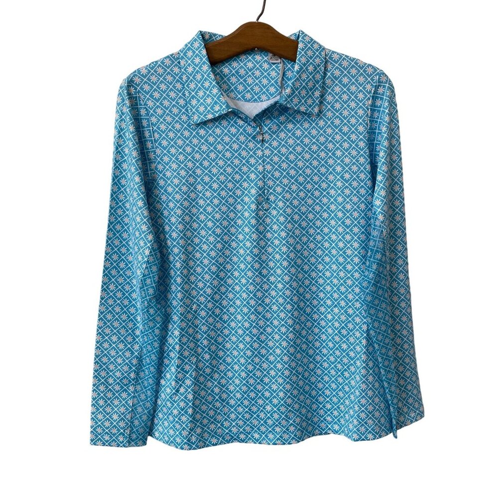 Seabreeze Long Sleeve Golf Polo Shirt Women MED Floral Print Blue Athleisure NEW